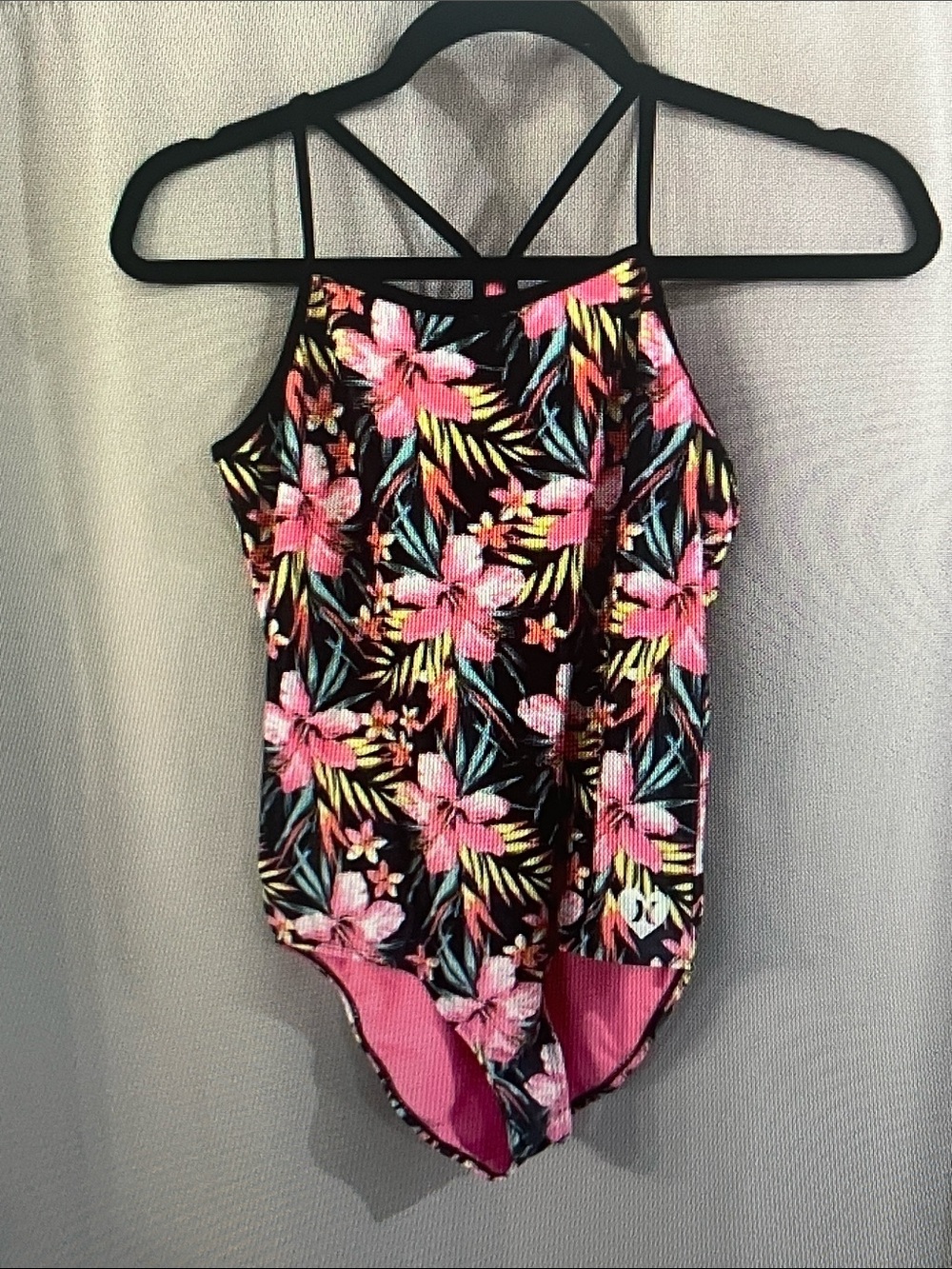Hurley Black One-Piece Swimsuit with Pink Floral & Yellow Accents
